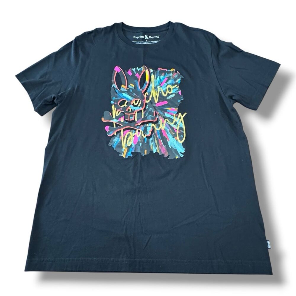 Psycho Bunny Black Multi Bunny Graphic Crew-Neck T-Shirt Colorful Women’s Size 6